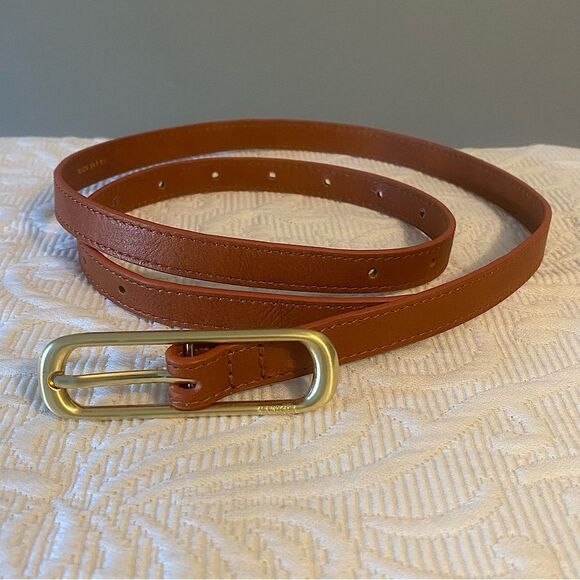 SANCIA Elke Skinny Belt Cognac Leather Slim Gold Buckle Minimalist Size Med - Picture 1 of 10